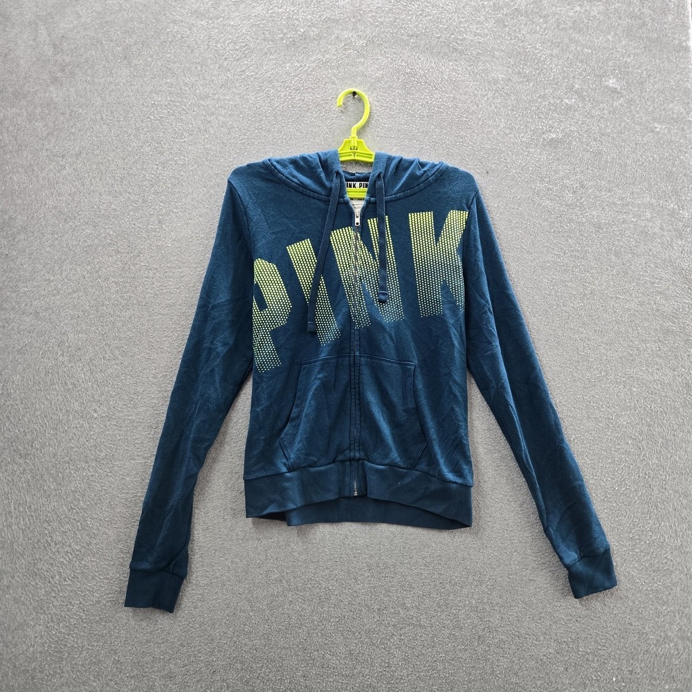 PINK‎ Victoria's Secret Women Hoodie M Blue Graphic Logo Spellout Full Zip